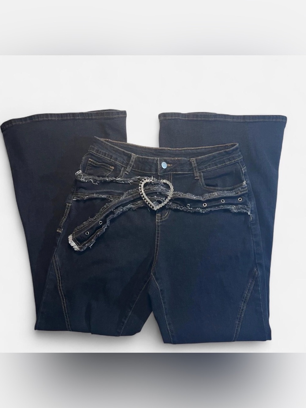 ROMWE Black Boot Cut Jeans with Heart Buckle Belt